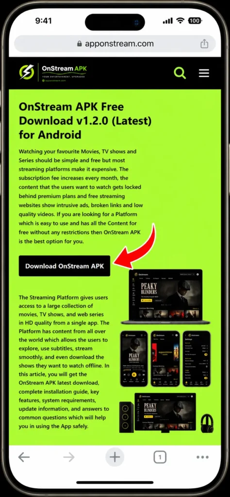 Mobile browser displaying the OnStream APK homepage with an arrow pointing to the Download OnStream APK button.