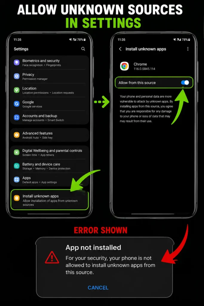 Android settings screen showing how to enable Install Unknown Apps and allow apps from unknown sources for APK installation.
