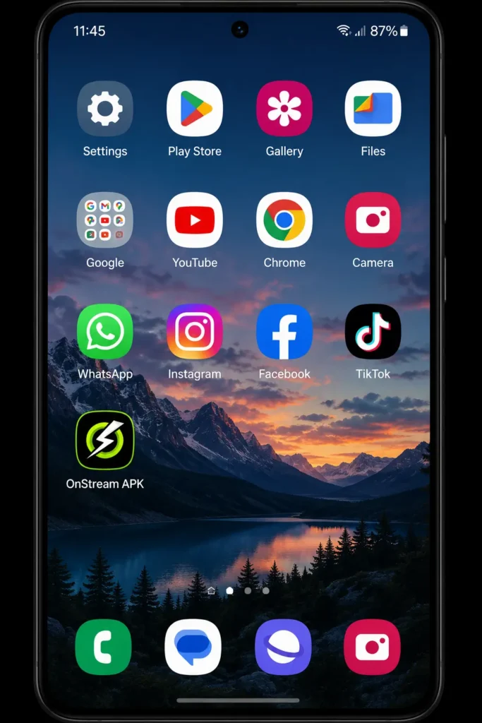 Android home screen displaying the OnStream APK app icon after successful installation.