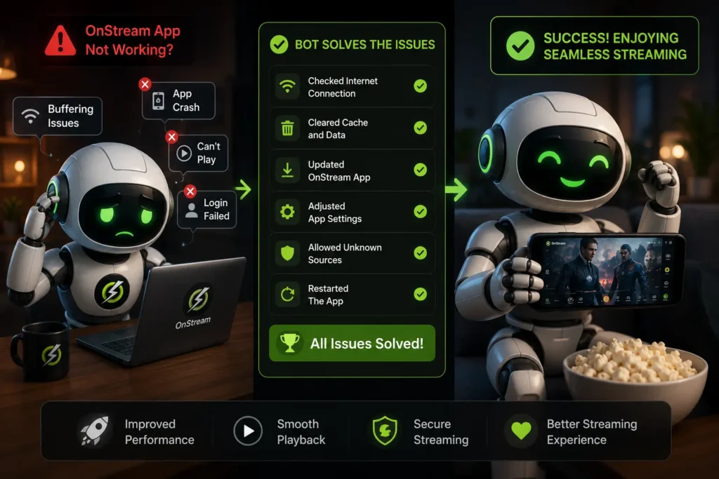  fixing common OnStream app problems and successfully streaming a movie on a mobile device after resolving buffering, playback, and app issues.