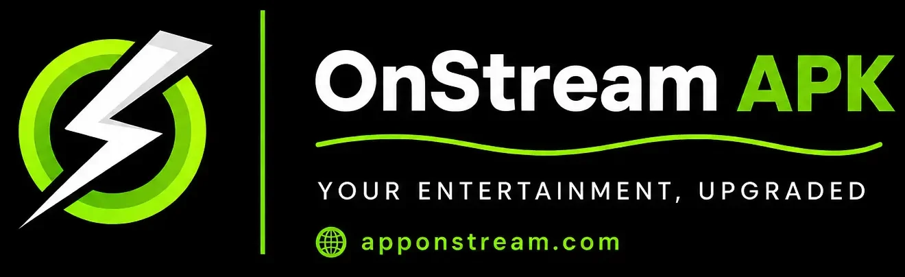 OnStream APK logo featuring a colorful green parrot, streaming play screen, popcorn, drink, remote control, and bold white OnStream APK text on a transparent background.