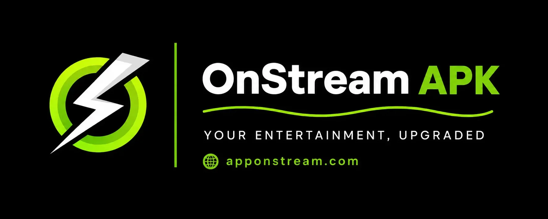 OnStream APK logo featuring a green circular icon with a white lightning bolt alongside the text "OnStream APK" and the website apponstream.com on a black background.