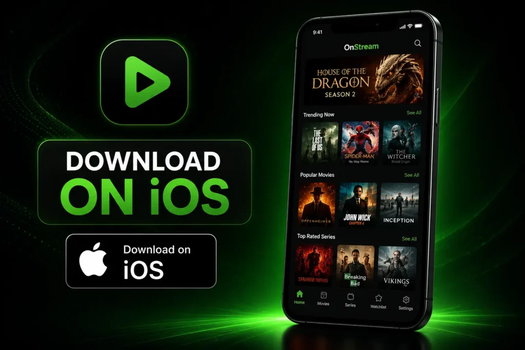 A modern iPhone displaying a dark-themed streaming app interface beside a bold "Download on iOS" call-to-action, set against a black background with glowing green lighting and a sleek app icon.