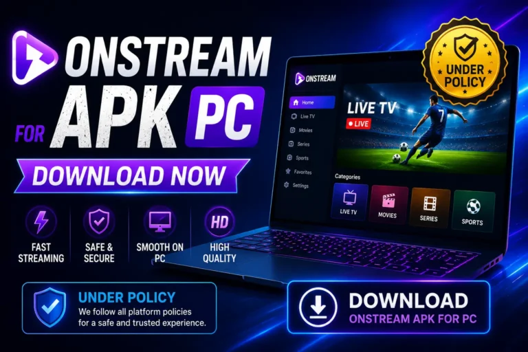 Download OnStream APK for PC on a Windows desktop with a movie playing on the screen, external speakers, and a modern entertainment setup for free HD streaming.