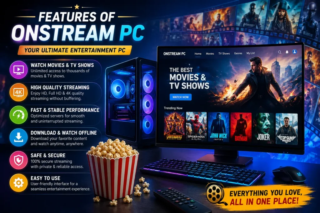 Features of Onstream APK PC banner showing a desktop computer streaming movies on a monitor with a cinematic background, highlighting fast performance, HD streaming, offline downloads, secure access, and an easy-to-use interface.