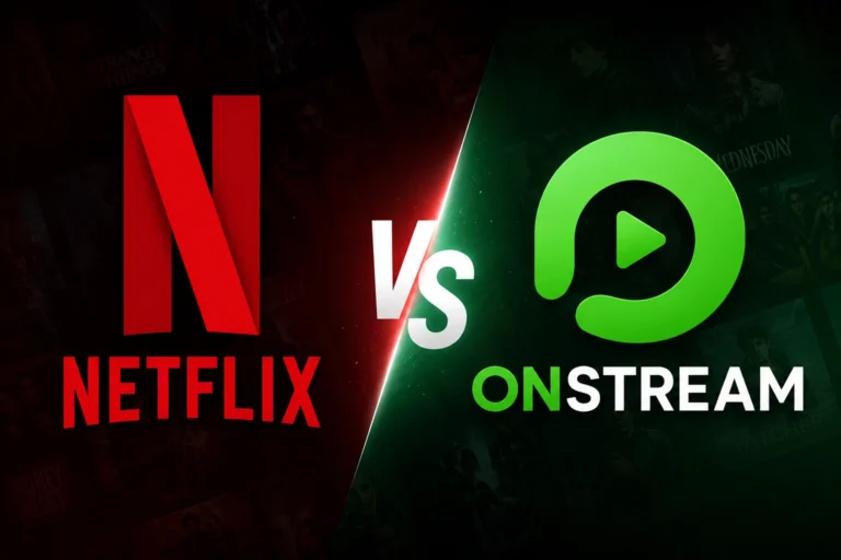 Netflix vs OnStream APK comparison banner featuring the Netflix red logo on the left and the green OnStream logo on the right with a bold VS in the center, representing a comparison between the two streaming platforms.