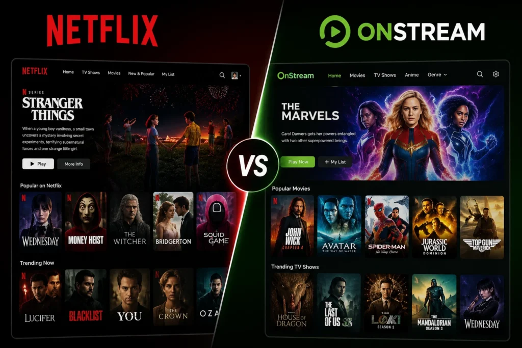 Side-by-side comparison of the Netflix and OnStream homepages, showing each streaming app’s interface, featured content, and content library with Netflix on the left and OnStream on the right.