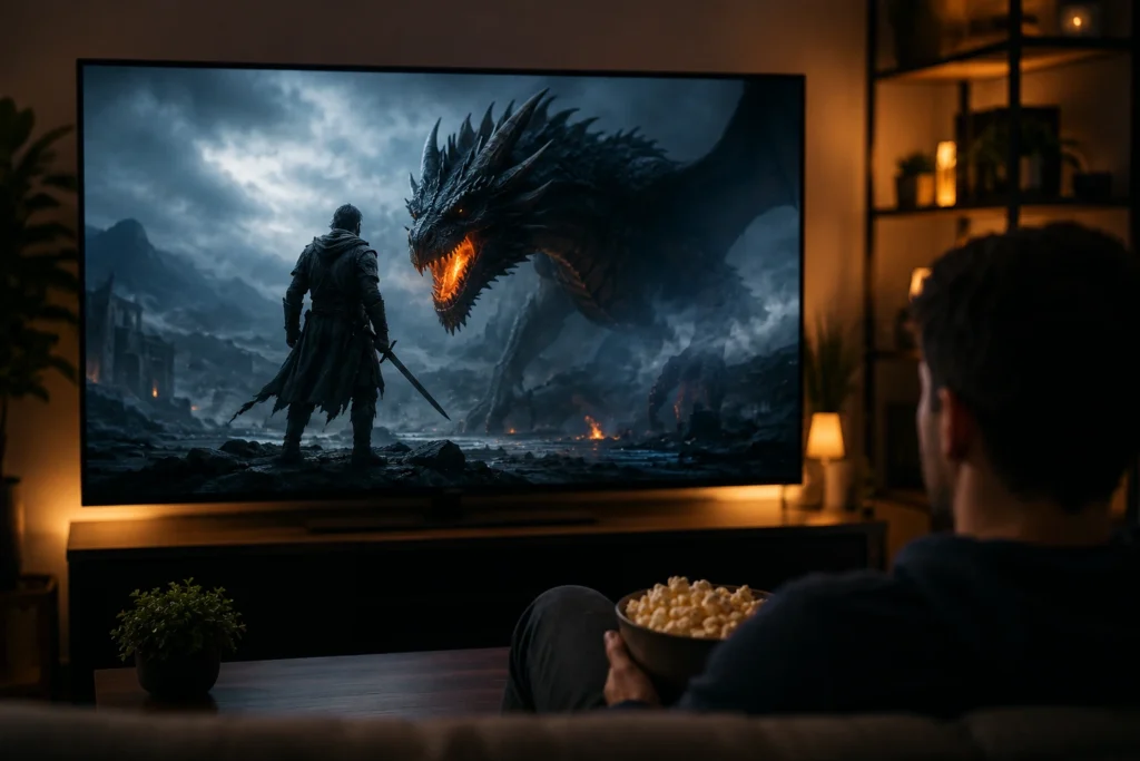 Person watching an exciting fantasy movie on a large TV screen in a cozy living room while holding a bowl of popcorn.