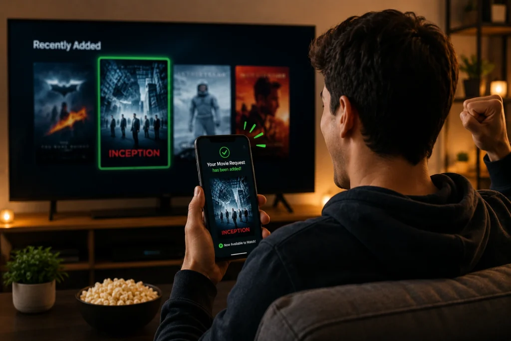 Happy user celebrating after their favorite movie becomes available to watch on a streaming app while relaxing in a cozy living room.