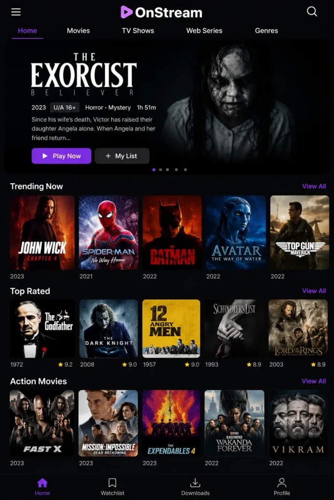 Homepage of the OnStream streaming platform displayed in a widescreen WordPress banner layout, featuring a dark-themed interface with a large featured movie banner at the top, rows of movie and TV show thumbnails, category sections such as Trending, Popular, and Top Rated, navigation menu, and a modern entertainment streaming design