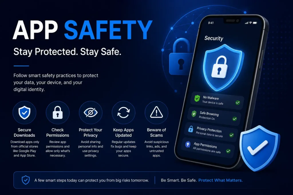 Modern WordPress banner illustrating mobile app safety with a smartphone displaying security features, digital shield icons, secure download symbols, privacy protection graphics, and cybersecurity elements on a dark blue background. The image highlights app security, safe browsing, privacy protection, regular updates, and secure app downloads in a clean, professional infographic style.
