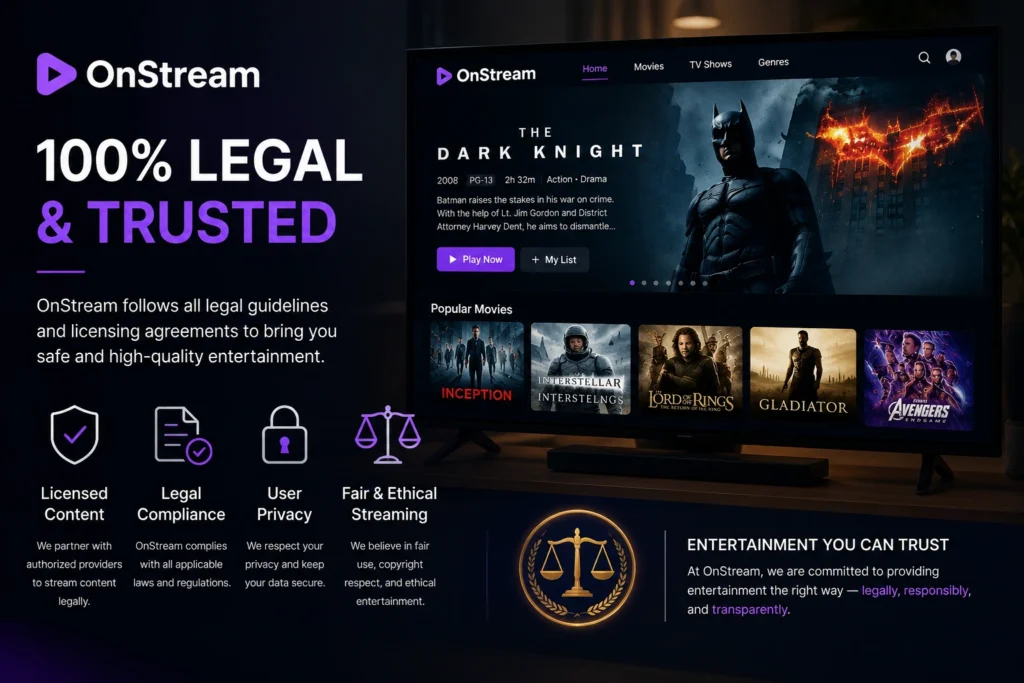 Wide banner showing a streaming platform playing a movie on a large television alongside legal and security icons, including a shield, scales of justice, privacy lock, and licensed content symbols. The dark-themed illustration emphasizes legal streaming, copyright compliance, secure entertainment, user privacy, and trusted digital content in a modern cinematic setting.