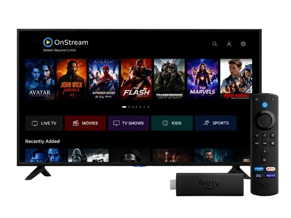 OnStream APK Firestick Download Latest Version Free 2026 1 Smart TV displaying a streaming app interface with a Fire TV Stick and Alexa Voice Remote on a transparent background.