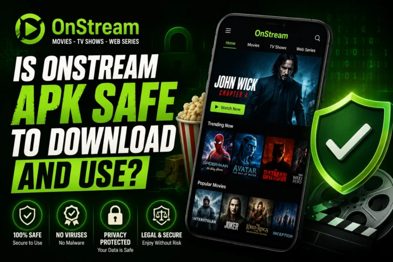 Eye-catching featured image for an article about OnStream APK safety, showing a green-themed streaming app interface with movie thumbnails on a smartphone, a large security shield with a check mark, lock icons, and bold text asking whether OnStream APK is safe to download and use. The design emphasizes app security, privacy, malware protection, and safe streaming in a modern, high-contrast layout.
