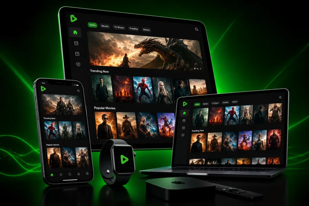 A modern smartphone, tablet, laptop, smartwatch, and TV streaming device displaying a sleek dark-themed streaming app interface with movie and TV show thumbnails against a black background with glowing green lighting.
