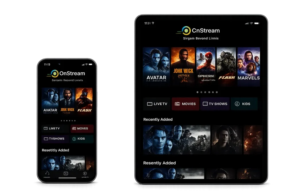 iPhone and iPad displaying a streaming app interface with movies and TV shows on a transparent background.