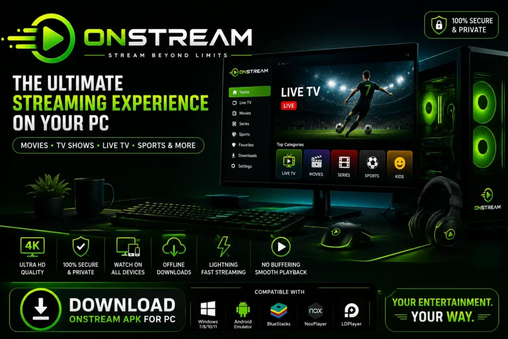 OnStream APK for PC promotional banner featuring a desktop computer with the OnStream interface, RGB gaming PC, keyboard, mouse, headphones, and streaming features including HD quality, offline downloads, fast streaming, and Windows compatibility.