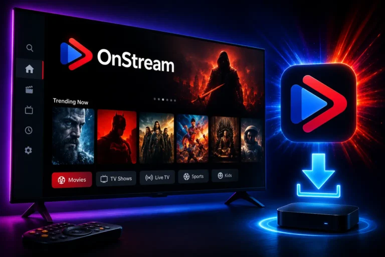 Eye-catching featured image of OnStream on a Smart TV with a glowing download icon, cinematic streaming interface, black background, and modern entertainment setup.