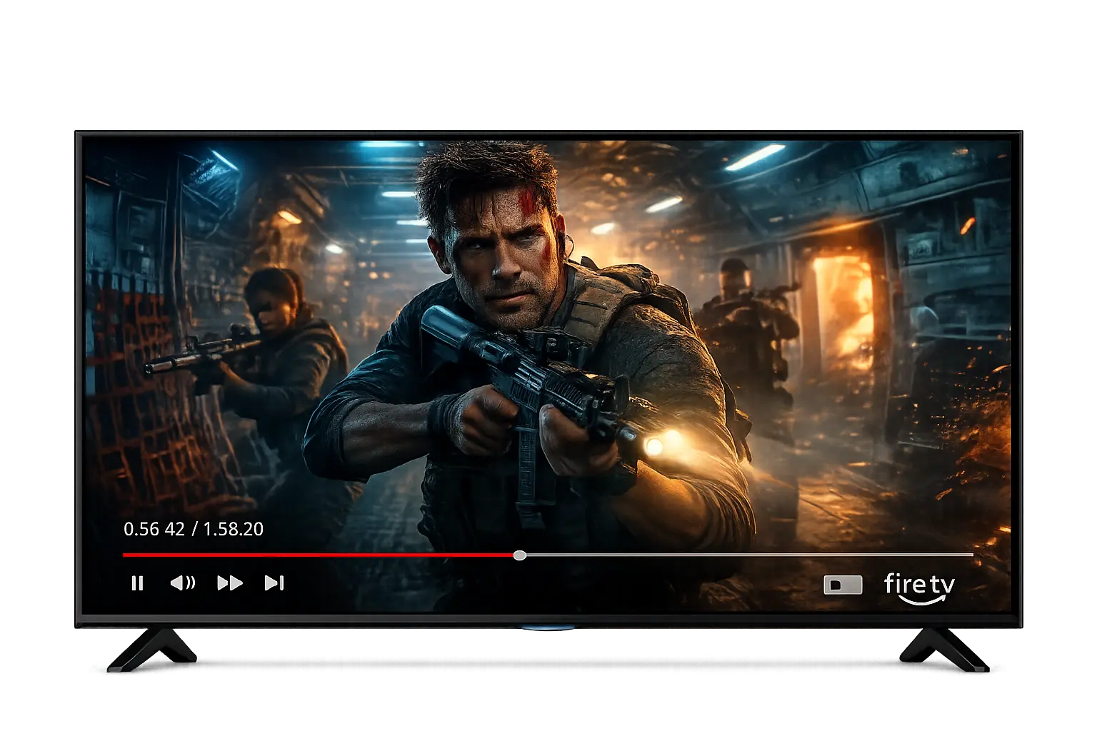 Download OnStream APK Smart TV Latest Version for Free (All TV’s) 1 Modern smart TV displaying a cinematic action movie scene with vibrant colors and immersive visuals, isolated on a transparent background.