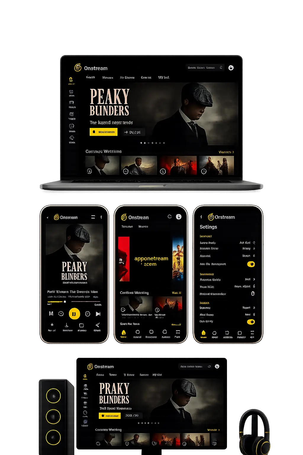 OnStream APK Android app interface displayed on three Android smartphones showing home, player, and settings screens.