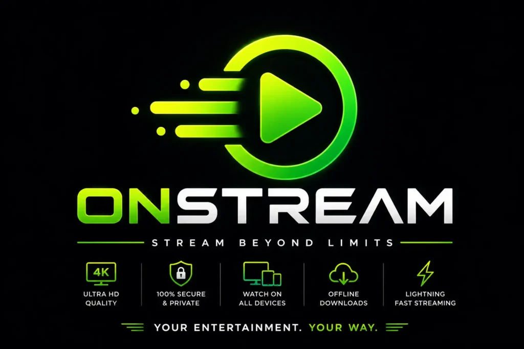 OnStream logo with green play icon and streaming features on a black background.