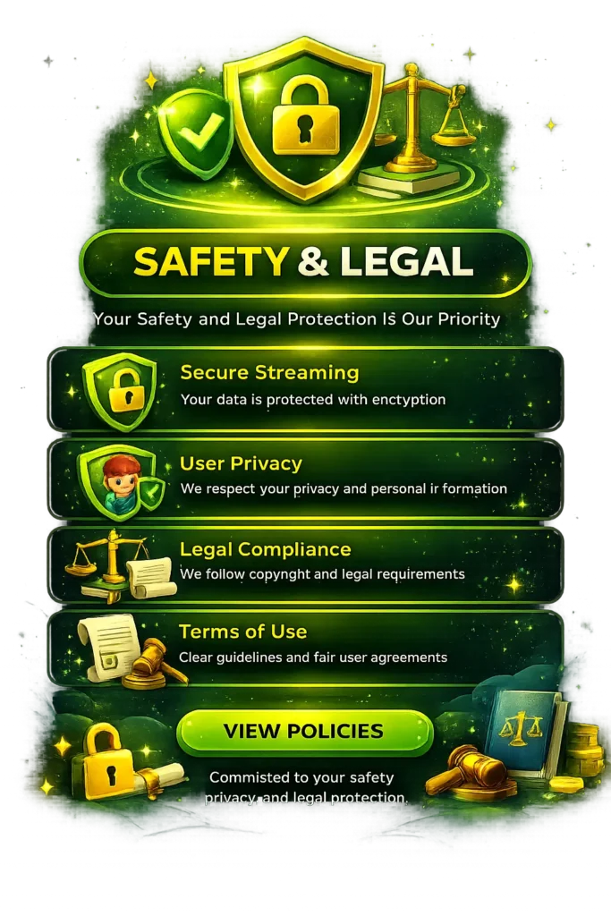 OnStream Safety and Legal page with privacy policy, copyright information, secure streaming, and user protection guidelines.
