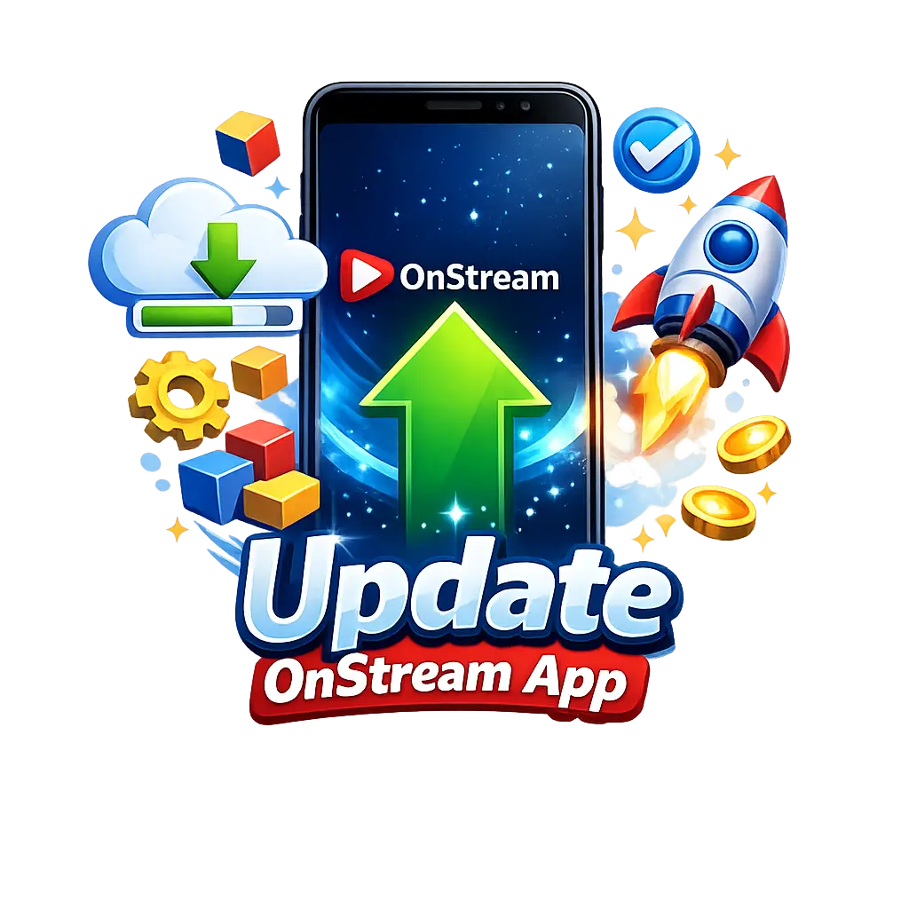 Transparent OnStream app update graphic with smartphone, update arrow, and download icons.