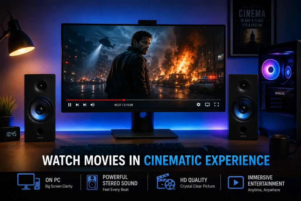 Desktop PC with dual speakers playing a high-quality action movie on a widescreen monitor, showcasing a cinematic home entertainment setup for streaming movies on PC.